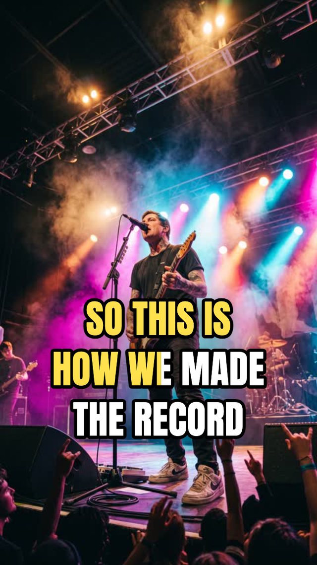 A BOOSTR captioned video frame over concert footage: SO THIS IS HOW WE MADE THE RECORD, with the spoken words highlighted in yellow