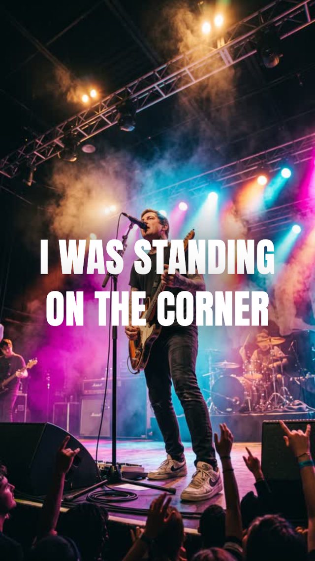 A BOOSTR lyric video frame over concert footage: the line I WAS STANDING ON THE CORNER in bold white type