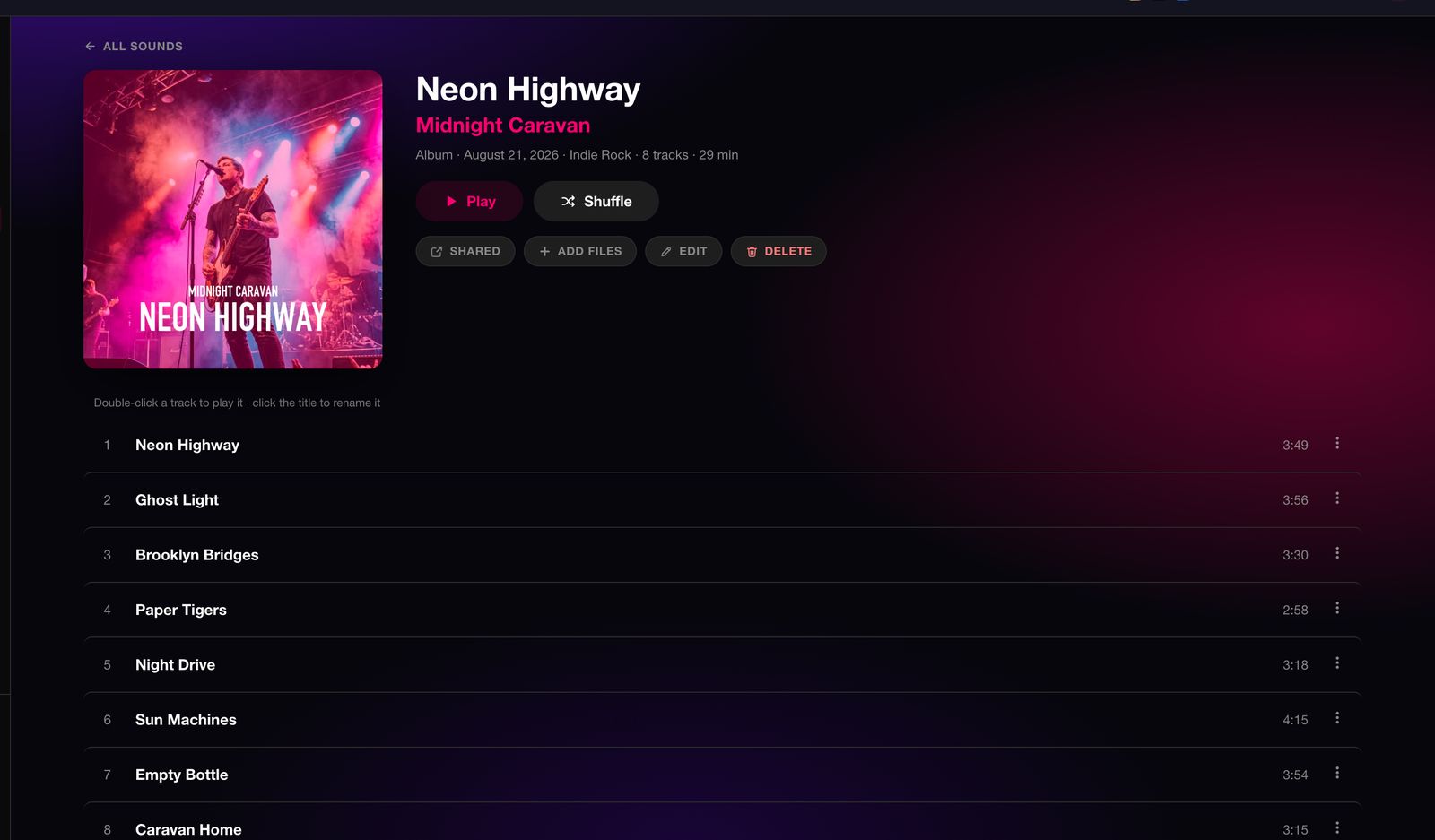 An open album, Neon Highway: cover art, Play and Shuffle buttons, Shared, Add files, Edit and Delete, and the eight-track running order