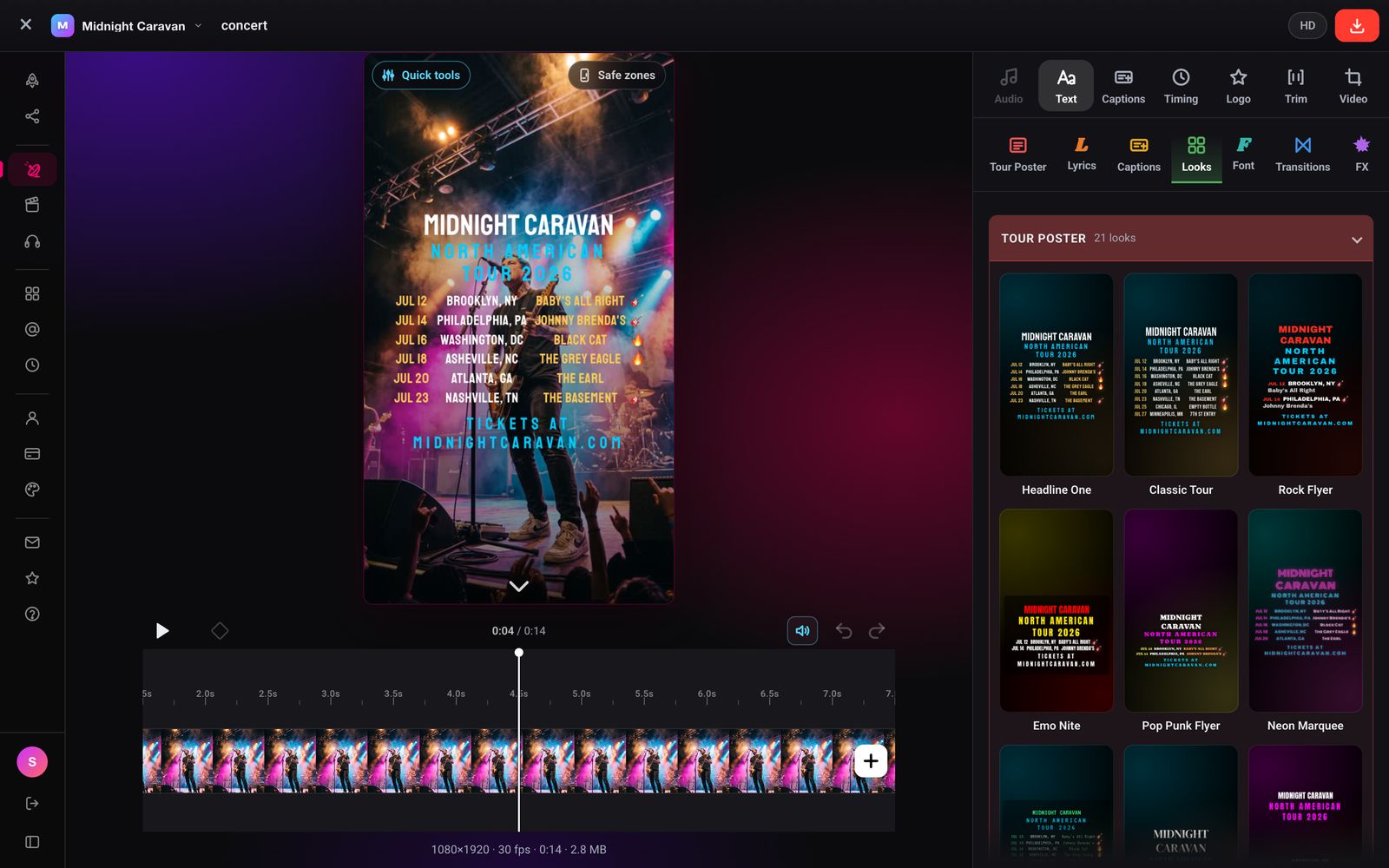 The BOOSTR editor on a computer: a tour poster over concert footage in the middle, the timeline underneath, and the Looks tab open in the right-hand panel
