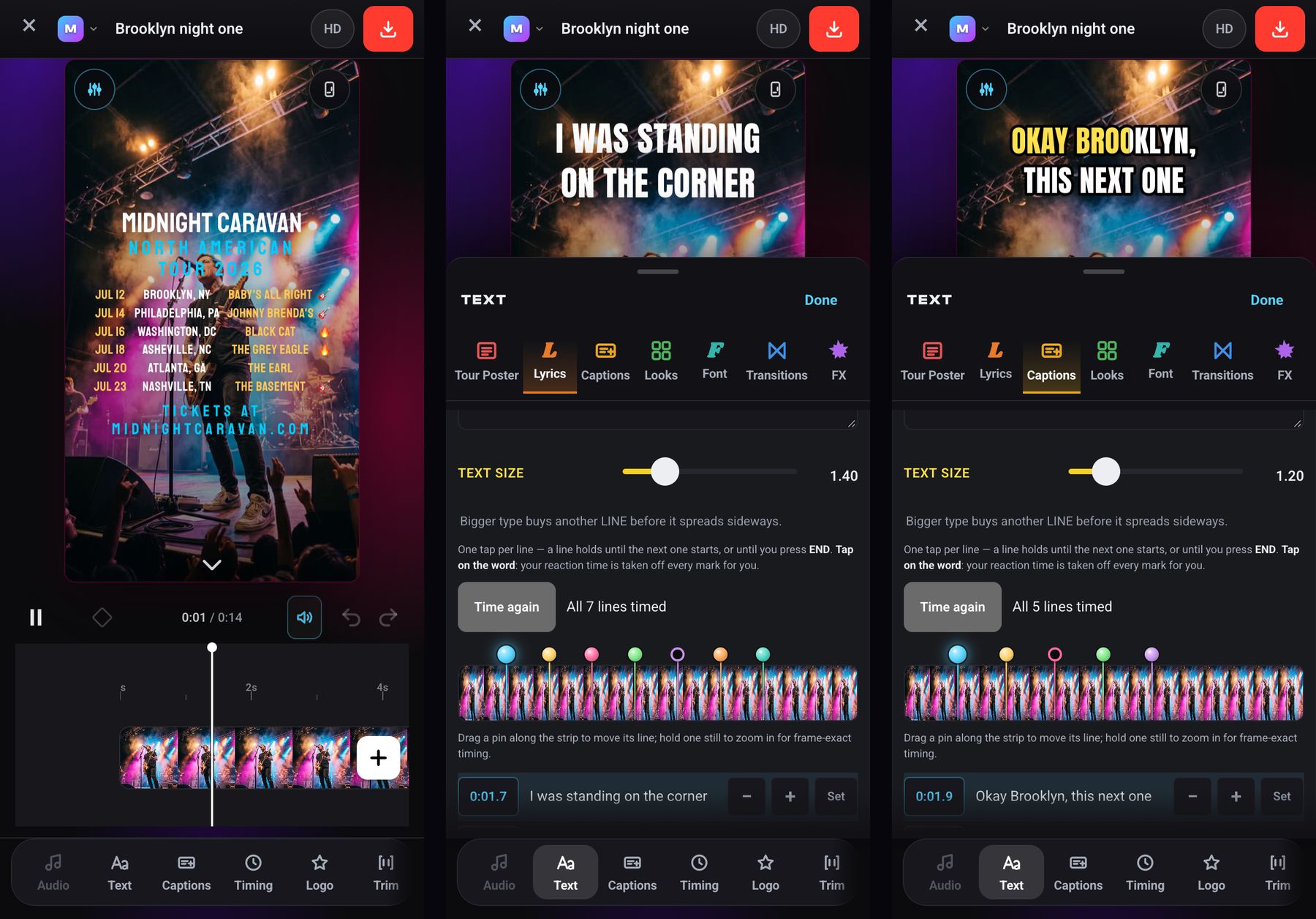 Three phone screens of BOOSTR: the editor with a tour poster, the Lyrics tab with timed lines and pins on a film strip, and the Captions tab with a timed caption on the picture