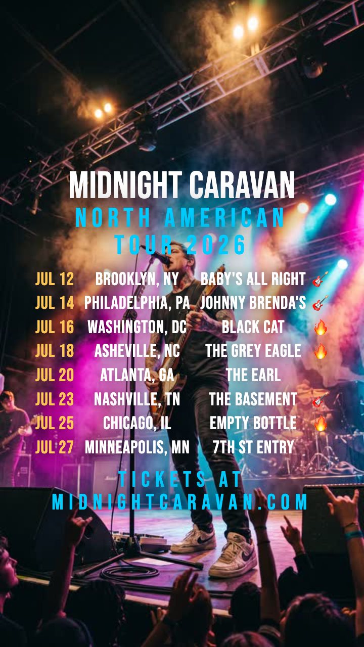 A BOOSTR tour poster frame: Midnight Caravan, North American Tour 2026, eight tour dates and a ticket link over concert footage