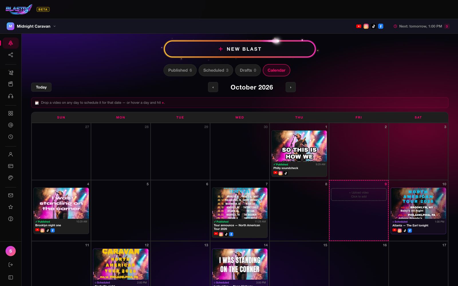 The Calendar tab showing October 2026 with published and scheduled posts on their days