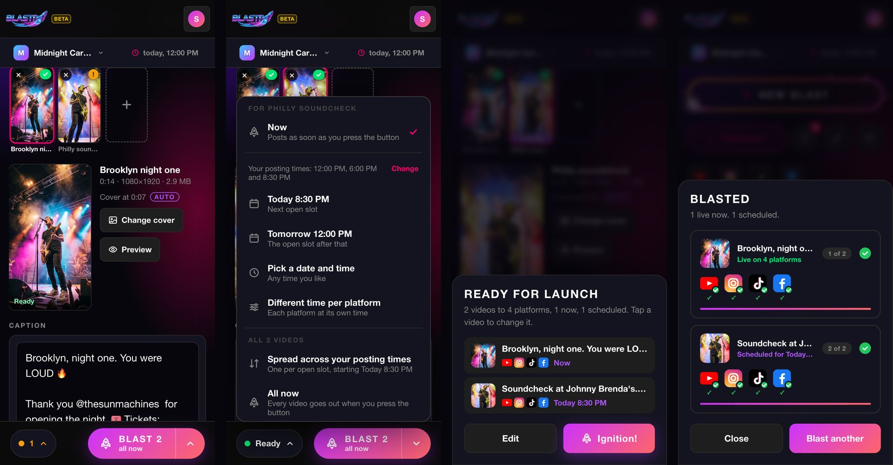 Four phone screens: the composer, the time menu, the Ready for launch card, and the Blasted card showing one post live and one scheduled
