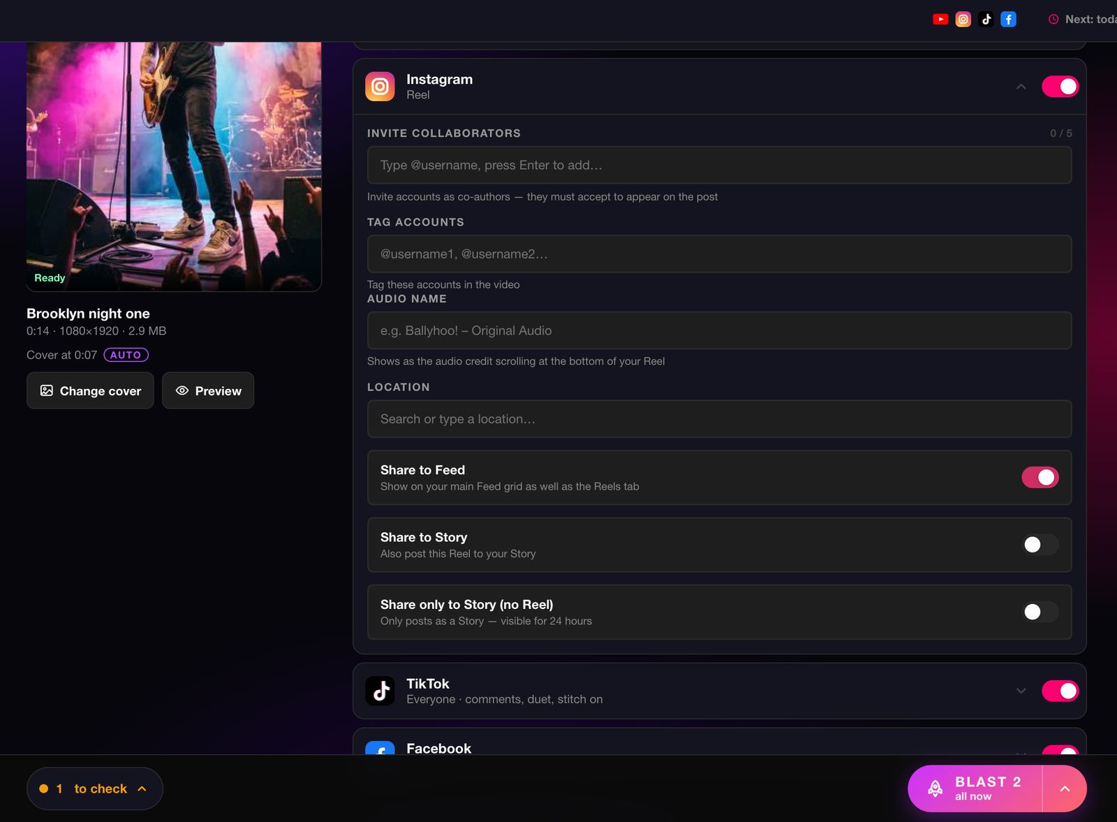 The Instagram row opened in the composer, showing Invite collaborators, Tag accounts, Audio name, Location, and the Share to Feed and Story switches