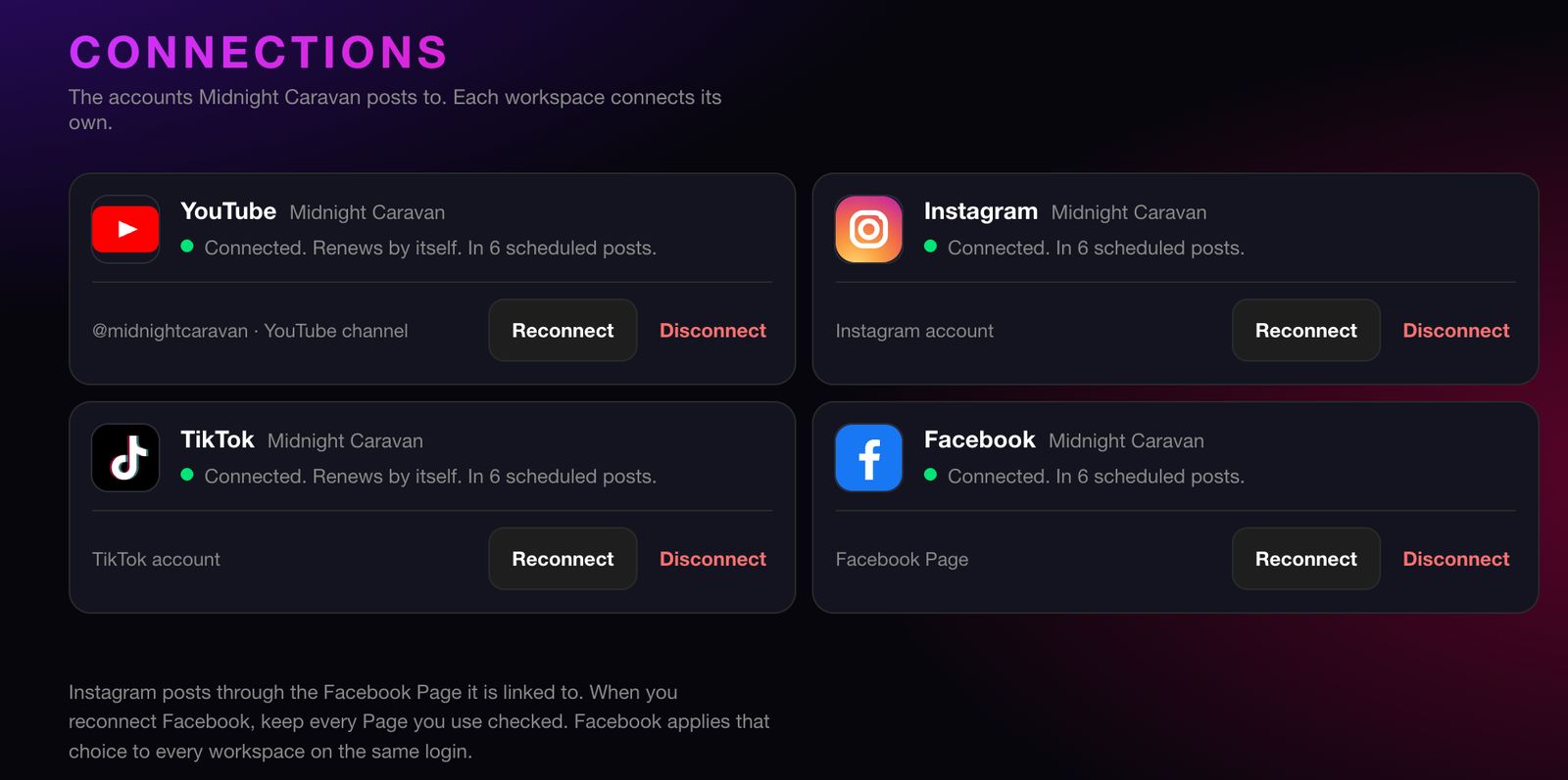 The Connections page with YouTube, Instagram, TikTok and Facebook cards, each marked Connected with Reconnect and Disconnect buttons