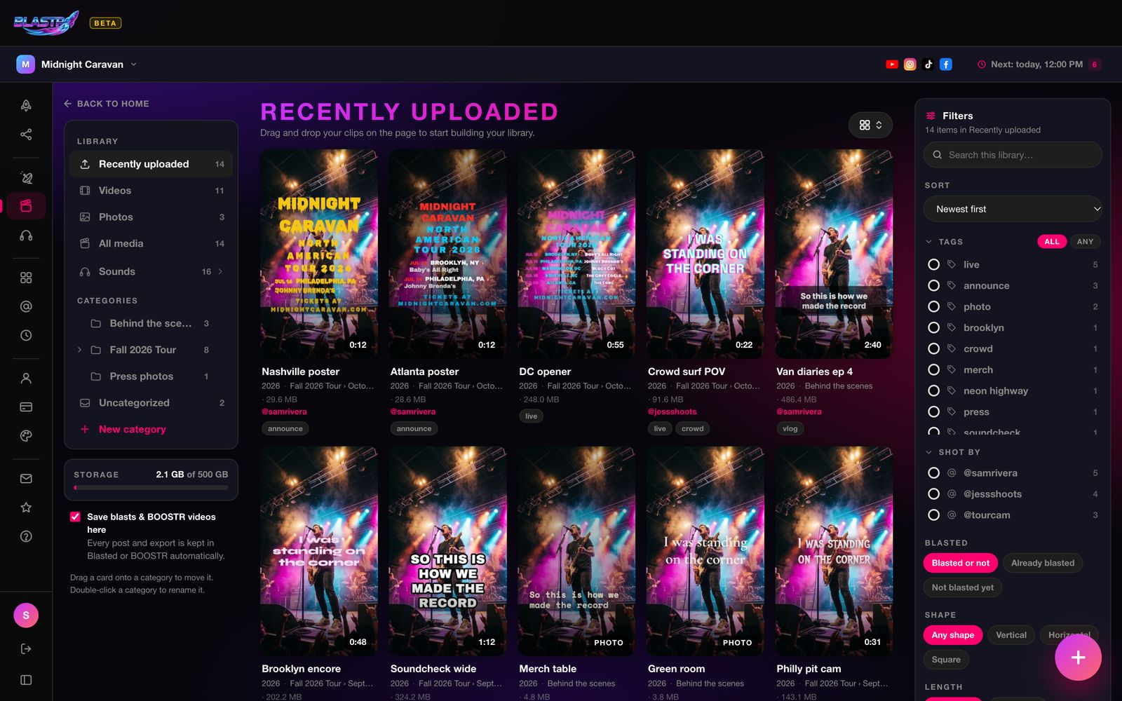 The Content Library: categories on the left, a grid of clips with titles, categories, credits and tags in the middle, and a Filters panel on the right