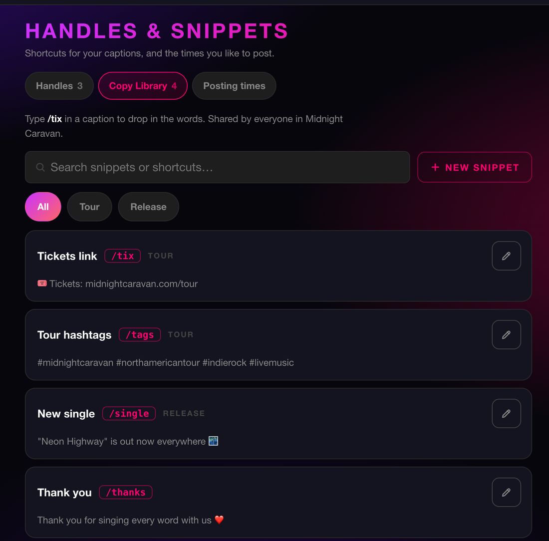 The Handles and snippets page on its Copy Library tab, listing saved snippets such as Tickets link with the shortcut /tix